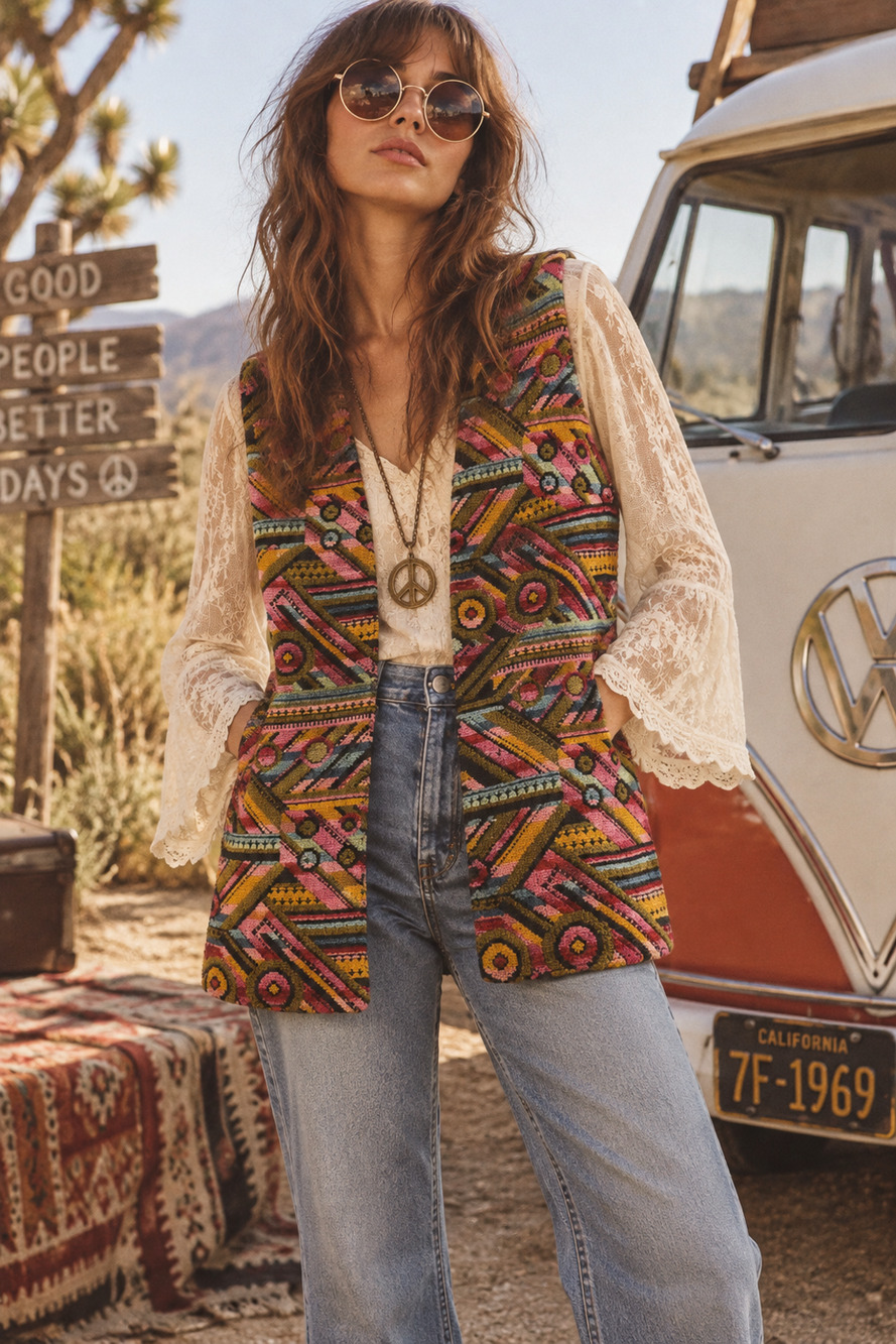 Vtg 70s Tapestry Coat Vest Geometric Psychedelic Aladdin Hippie Rug Womens Small